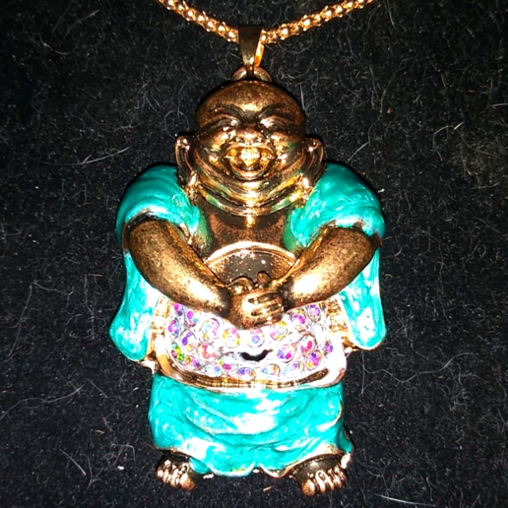 Smiling Buddha in Green Robes Pendant Necklace